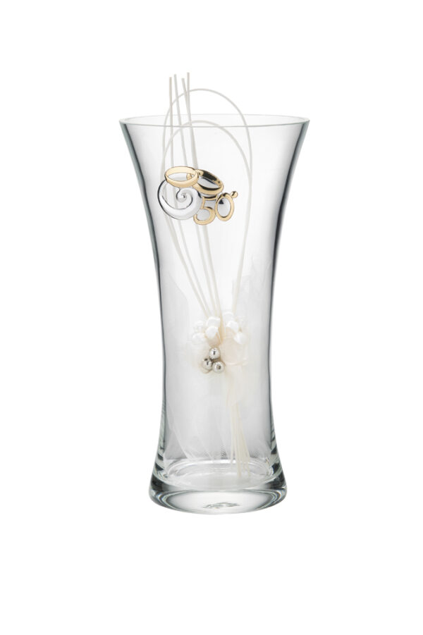 Vaso in cristallo con fedi e numero 50 per nozze d'oro