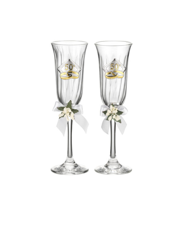 Set 2 calici flûte per nozze d'oro in vetro con fedi e numero 50