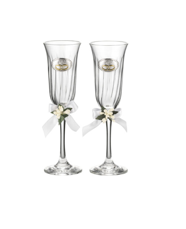 Set 2 calici flûte per nozze d'oro in vetro con fedi 50° anniversario