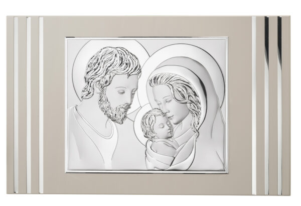 Quadro Sacra Famiglia Valenti rettangolare su tavola tortora con finiture argentate