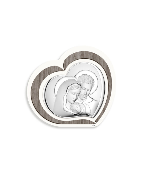 Quadro Sacra Famiglia a forma di cuore con base effetto legno