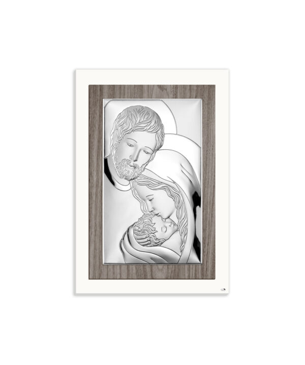 Quadro Sacra Famiglia in rilievo argentato con cornice effetto legno