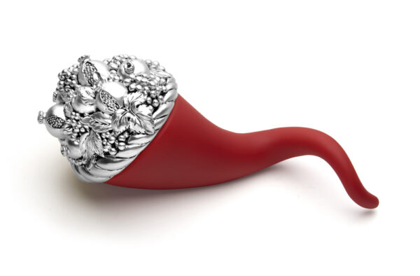 Cornucopia portafortuna Valenti rossa con testa decorativa argentata