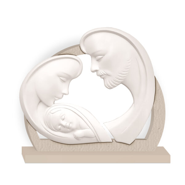 Scultura Sacra Famiglia stilizzata su base decorativa