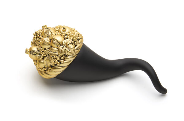 Cornucopia portafortuna Valenti moderna nera con testa decorativa dorata