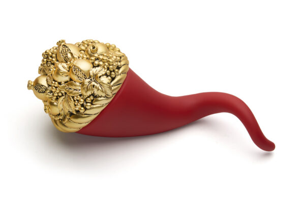 Cornucopia portafortuna Valenti rossa con testa decorativa dorata